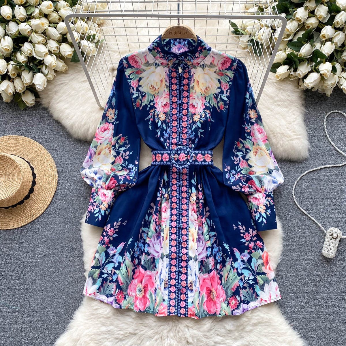 New Style Retro European And American Lantern Sleeves Stand Neck Dress For Women