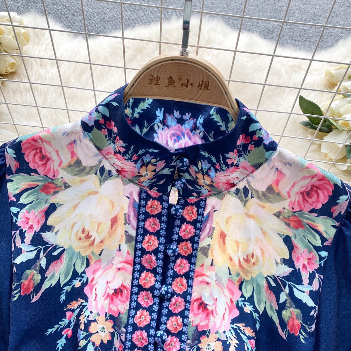 New Style Retro European And American Lantern Sleeves Stand Neck Dress For Women