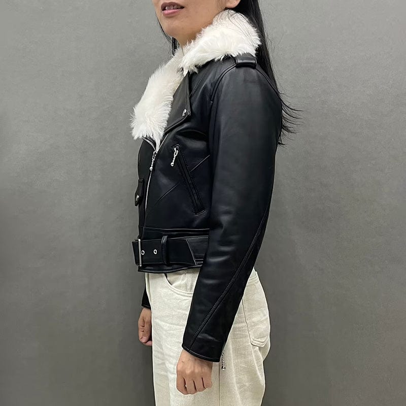 New Style Soft Tuscan Wool Collar Leather Coat Genuine Sheep Leather Jacket for Women