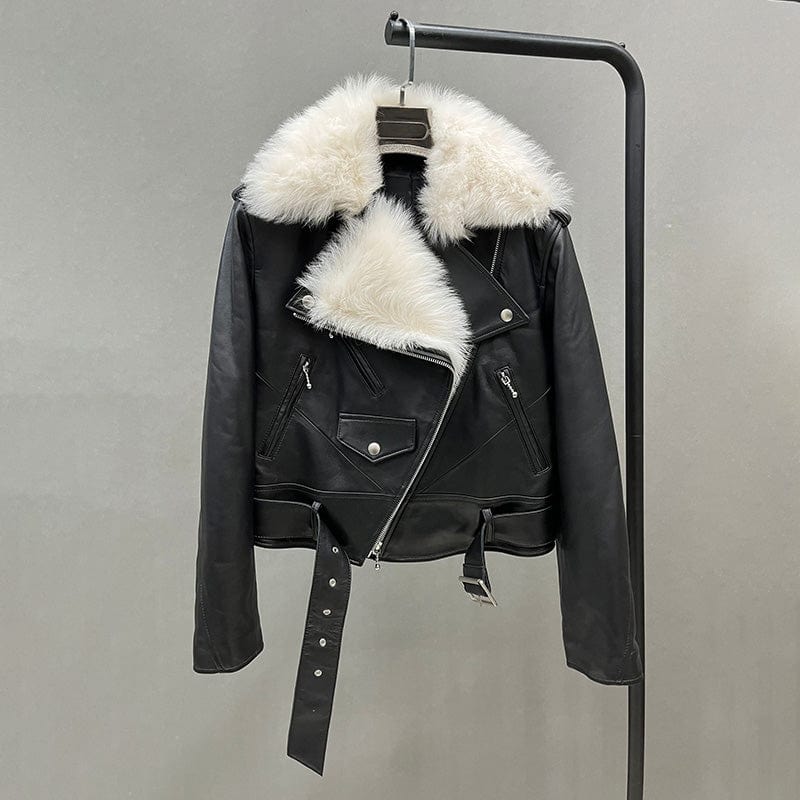 New Style Soft Tuscan Wool Collar Leather Coat Genuine Sheep Leather Jacket for Women