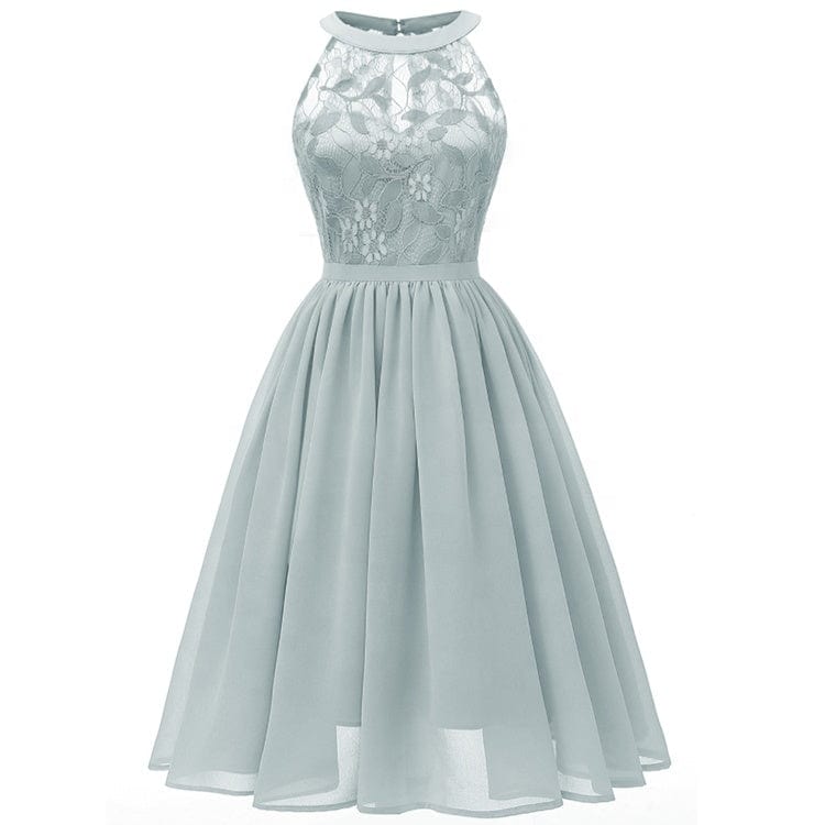 New Style Summer Sleeveless Lace Embroidery woman Dress Halter Neck Dress Knee-length Ruched Bridesmaid Dresses With Zipper