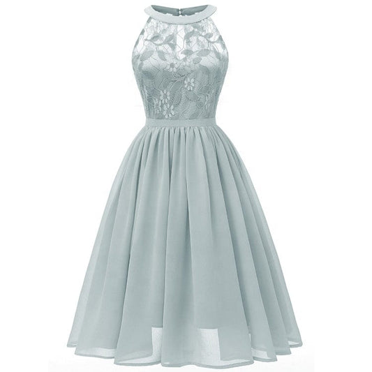 New Style Summer Sleeveless Lace Embroidery woman Dress Halter Neck Dress Knee-length Ruched Bridesmaid Dresses With Zipper
