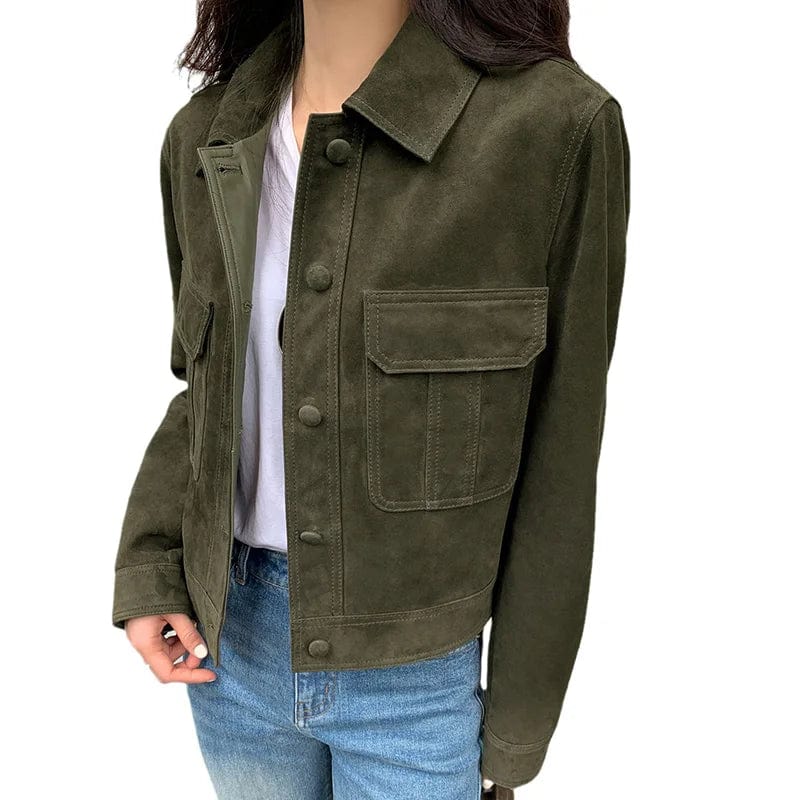 New Style Turn Down Collar Suede Leather Jacket Women Vintage Cropped Sheep Leather Jacket