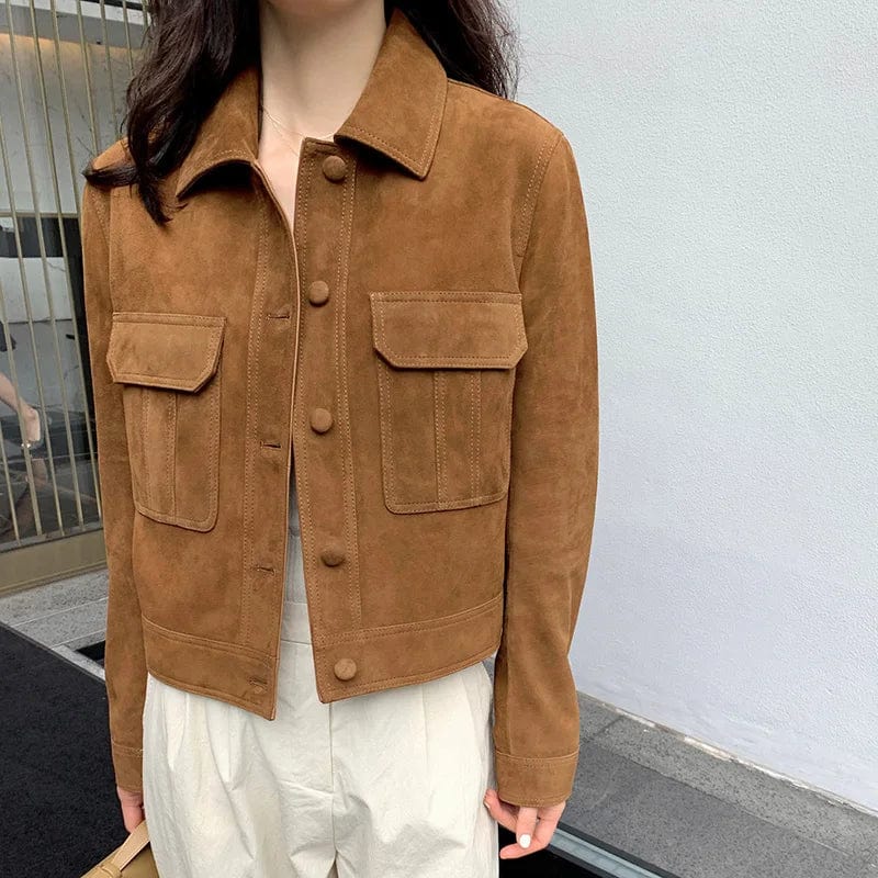 New Style Turn Down Collar Suede Leather Jacket Women Vintage Cropped Sheep Leather Jacket
