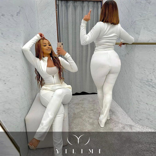 New Style Women Solid Color Casual Front Zipper Full Long Sleeve Tops Sporty 	Jogger Pants Outfits Two Piece Pants Set Women