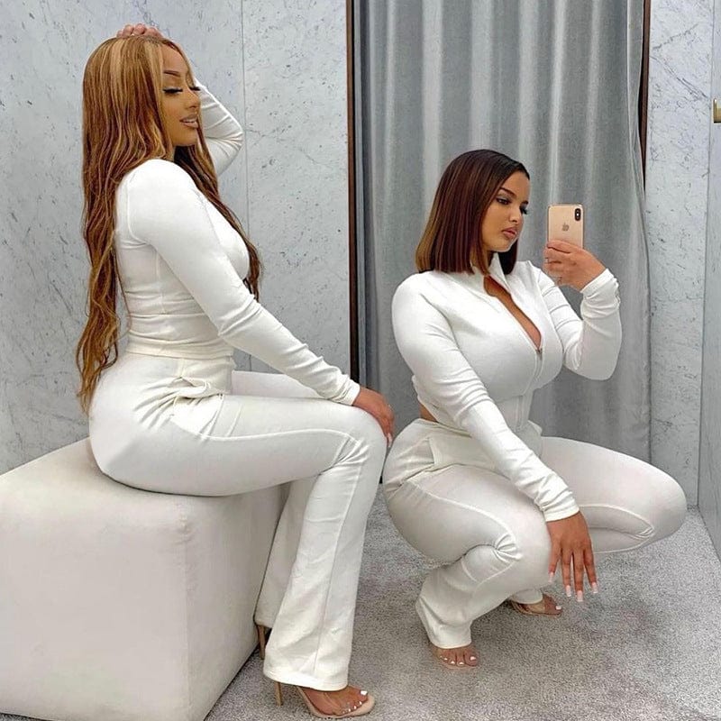 New Style Women Solid Color Casual Front Zipper Full Long Sleeve Tops Sporty 	Jogger Pants Outfits Two Piece Pants Set Women