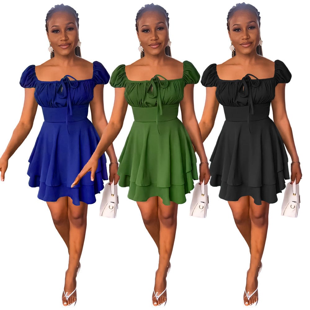 New Style Women Tie Front Square Neck Sexy Waist Ruffles Short Mini Flowy Dress Streetwear Summer Casual Dresses Ladies
