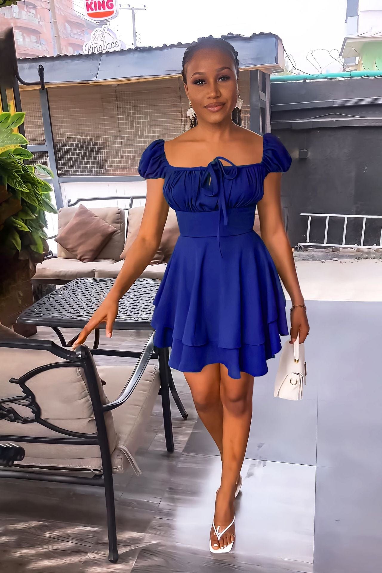 New Style Women Tie Front Square Neck Sexy Waist Ruffles Short Mini Flowy Dress Streetwear Summer Casual Dresses Ladies