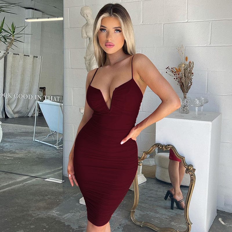 New Styles Pleated Mini Dress Summer V-neck Sexy Bodycon Dress Women Sleeveless Strappy Dress