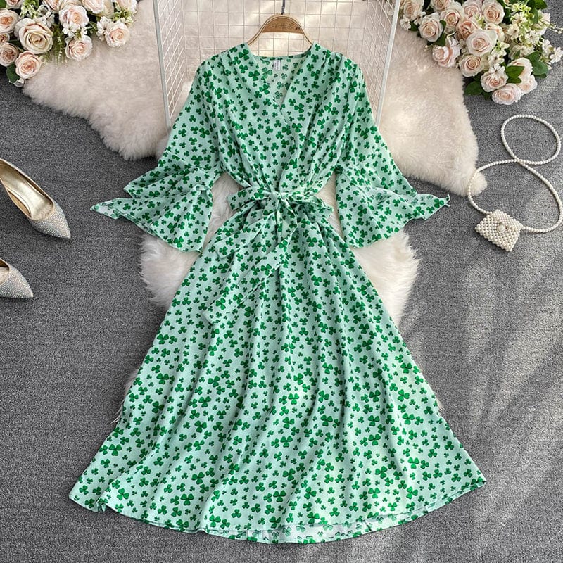 New Stylish Casual V-neck A-line Dress Ladies Sashes Chiffon Spring Autumn Flare Sleeve Midi Dresses for Women Floral Printed