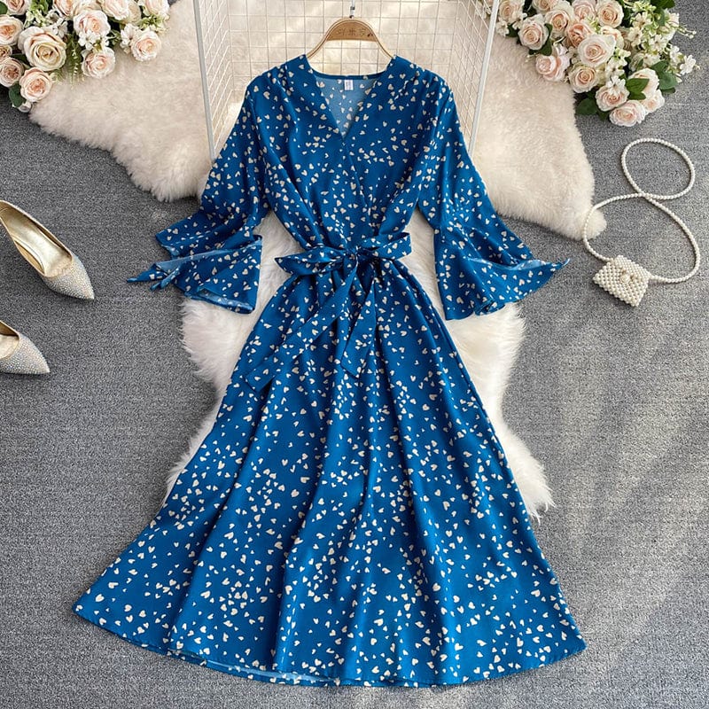 New Stylish Casual V-neck A-line Dress Ladies Sashes Chiffon Spring Autumn Flare Sleeve Midi Dresses for Women Floral Printed
