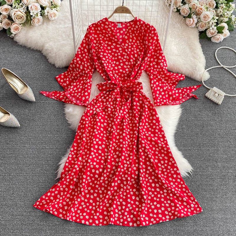 New Stylish Casual V-neck A-line Dress Ladies Sashes Chiffon Spring Autumn Flare Sleeve Midi Dresses for Women Floral Printed