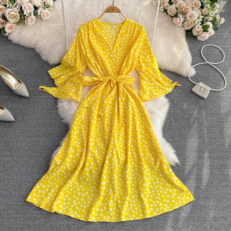 New Stylish Casual V-neck A-line Dress Ladies Sashes Chiffon Spring Autumn Flare Sleeve Midi Dresses for Women Floral Printed
