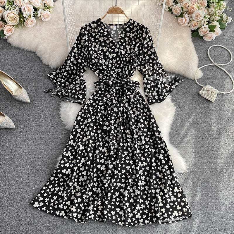 New Stylish Casual V-neck A-line Dress Ladies Sashes Chiffon Spring Autumn Flare Sleeve Midi Dresses for Women Floral Printed