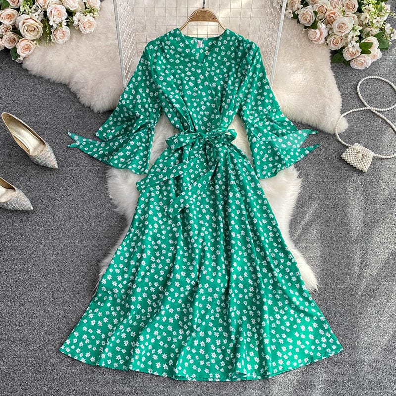New Stylish Casual V-neck A-line Dress Ladies Sashes Chiffon Spring Autumn Flare Sleeve Midi Dresses for Women Floral Printed