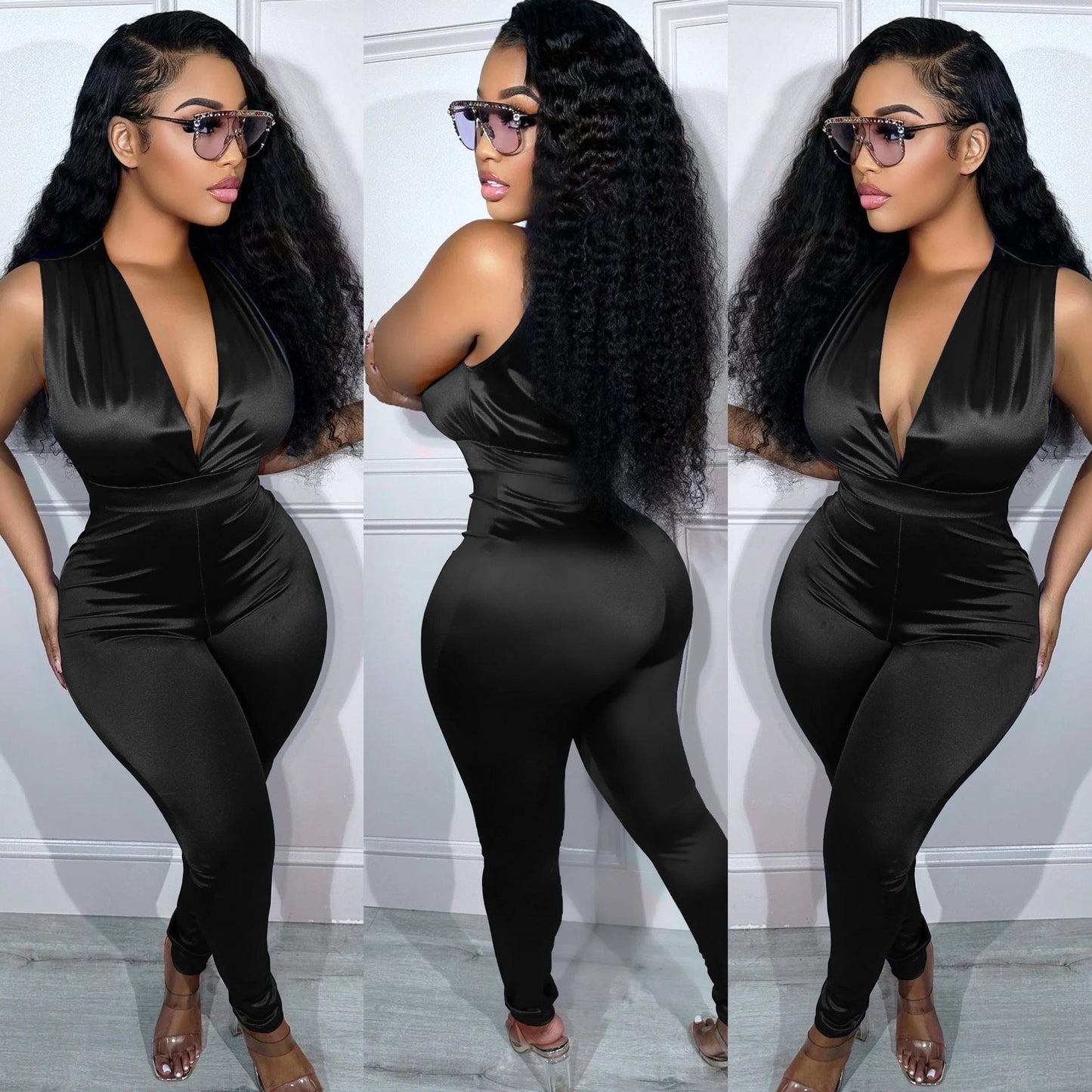 New Summer 2023 women jumpsuit deep v-neck high waist sleeveless sexy jumpsuit for women solid color elegant women clothing
