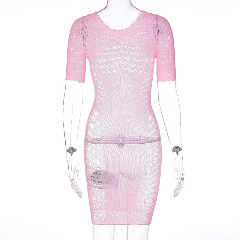 New Summer Hip Wrap Dress Hollow out mesh short sleeved long sleeved round neck dress Sexy Dress