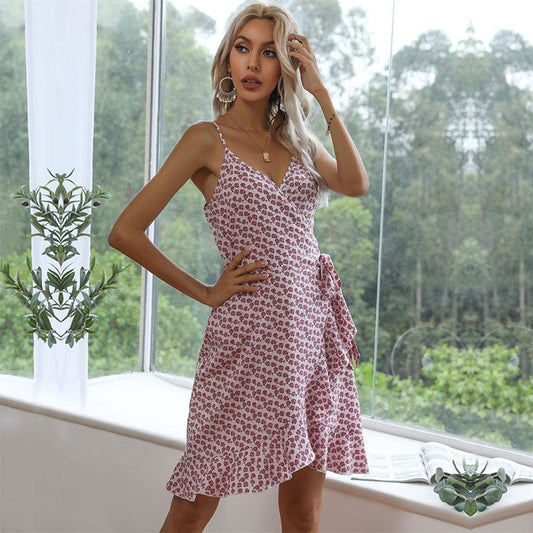 New Summer Ladies Slim Halter Print Dress Women Casual Sleeveless Ruffles Above Knee Mini Floral Dress