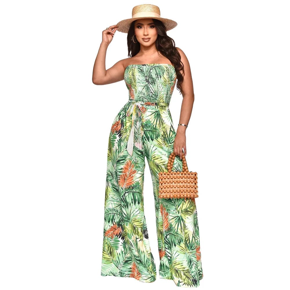 New Summer Popular Colored Print Wrapped Chest Holiday Style Women Wide Leg Casual One Piece Jumpsuit