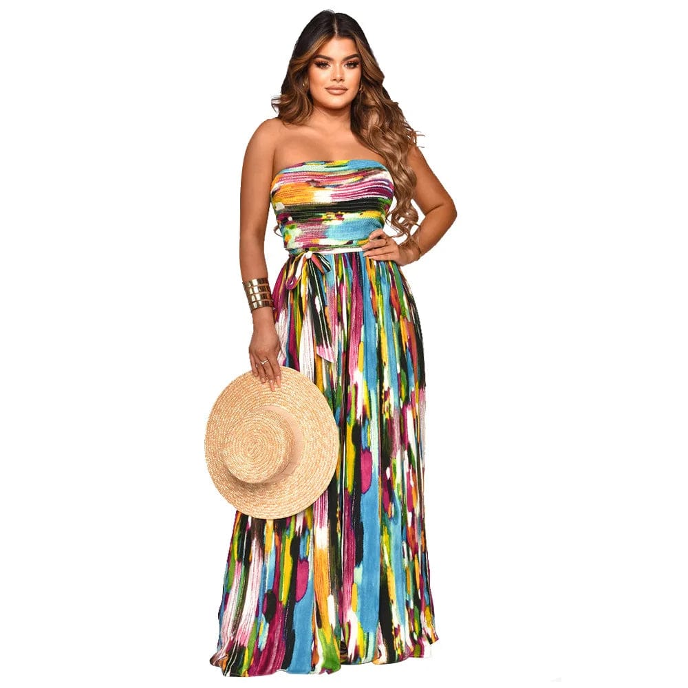 New Summer Popular Colored Print Wrapped Chest Holiday Style Women Wide Leg Casual One Piece Jumpsuit