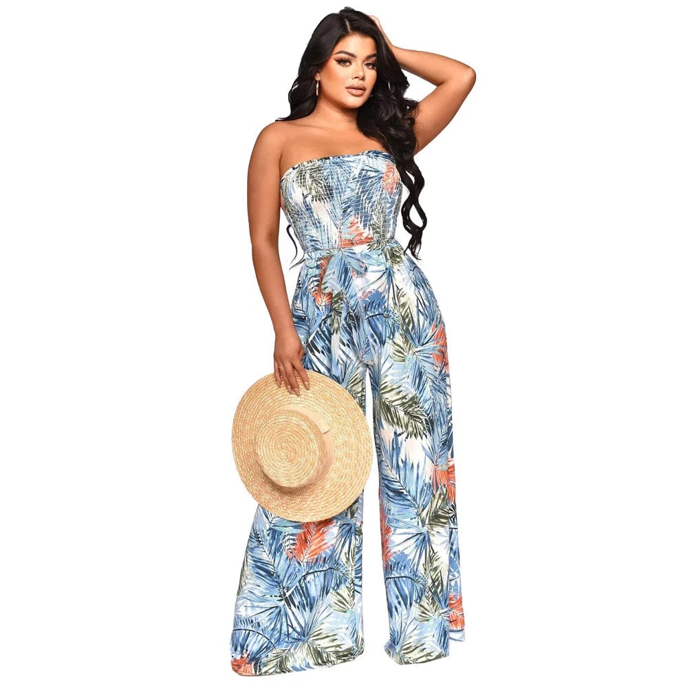 New Summer Popular Colored Print Wrapped Chest Holiday Style Women Wide Leg Casual One Piece Jumpsuit