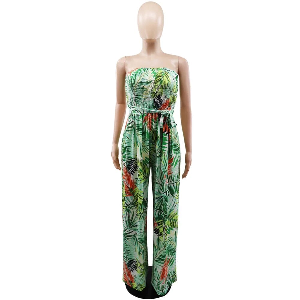 New Summer Popular Colored Print Wrapped Chest Holiday Style Women Wide Leg Casual One Piece Jumpsuit