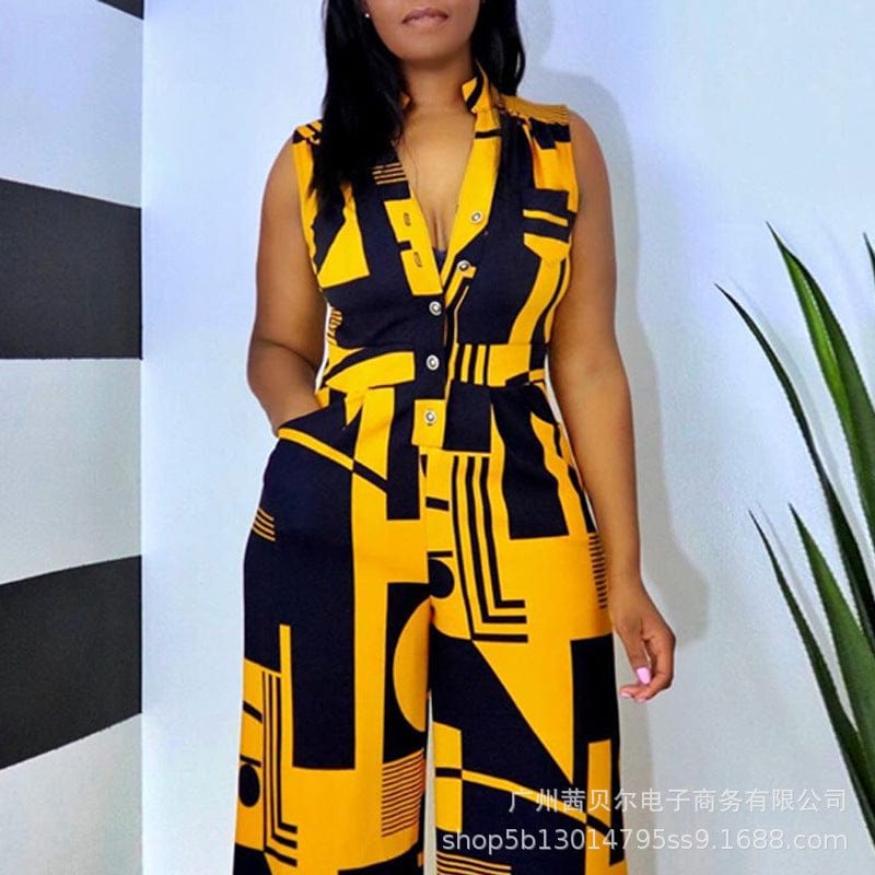 New Summer Printed V Neck Sleeveless Fashion Button Up Pockets Women Casual Jumpsuit