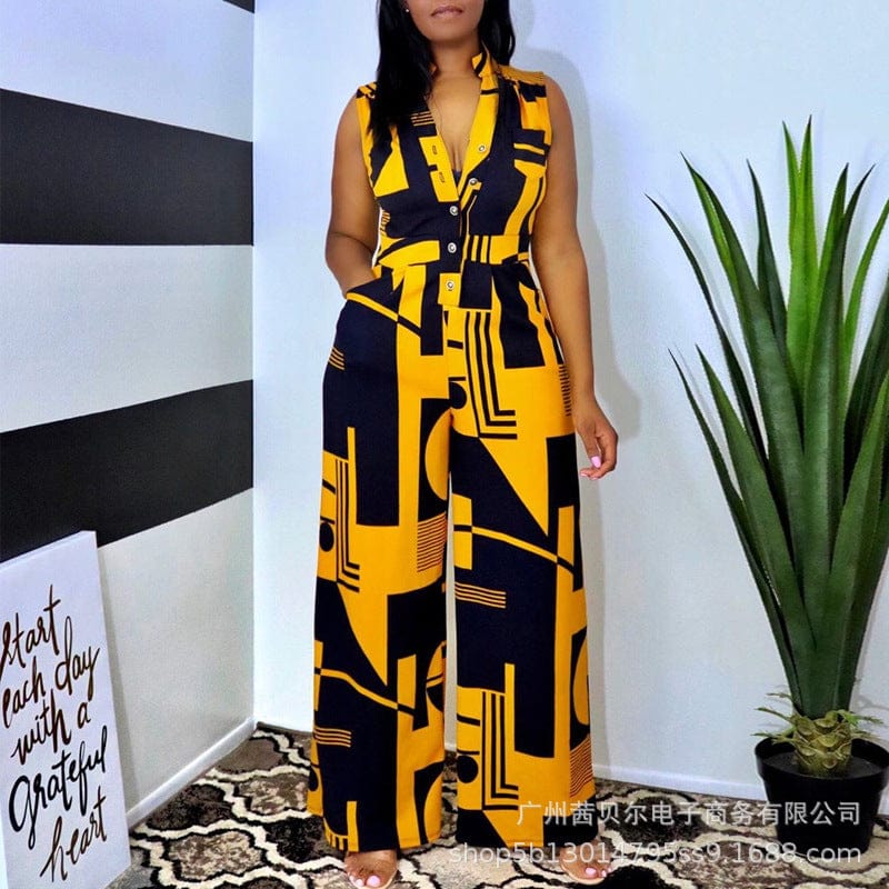 New Summer Printed V Neck Sleeveless Fashion Button Up Pockets Women Casual Jumpsuit