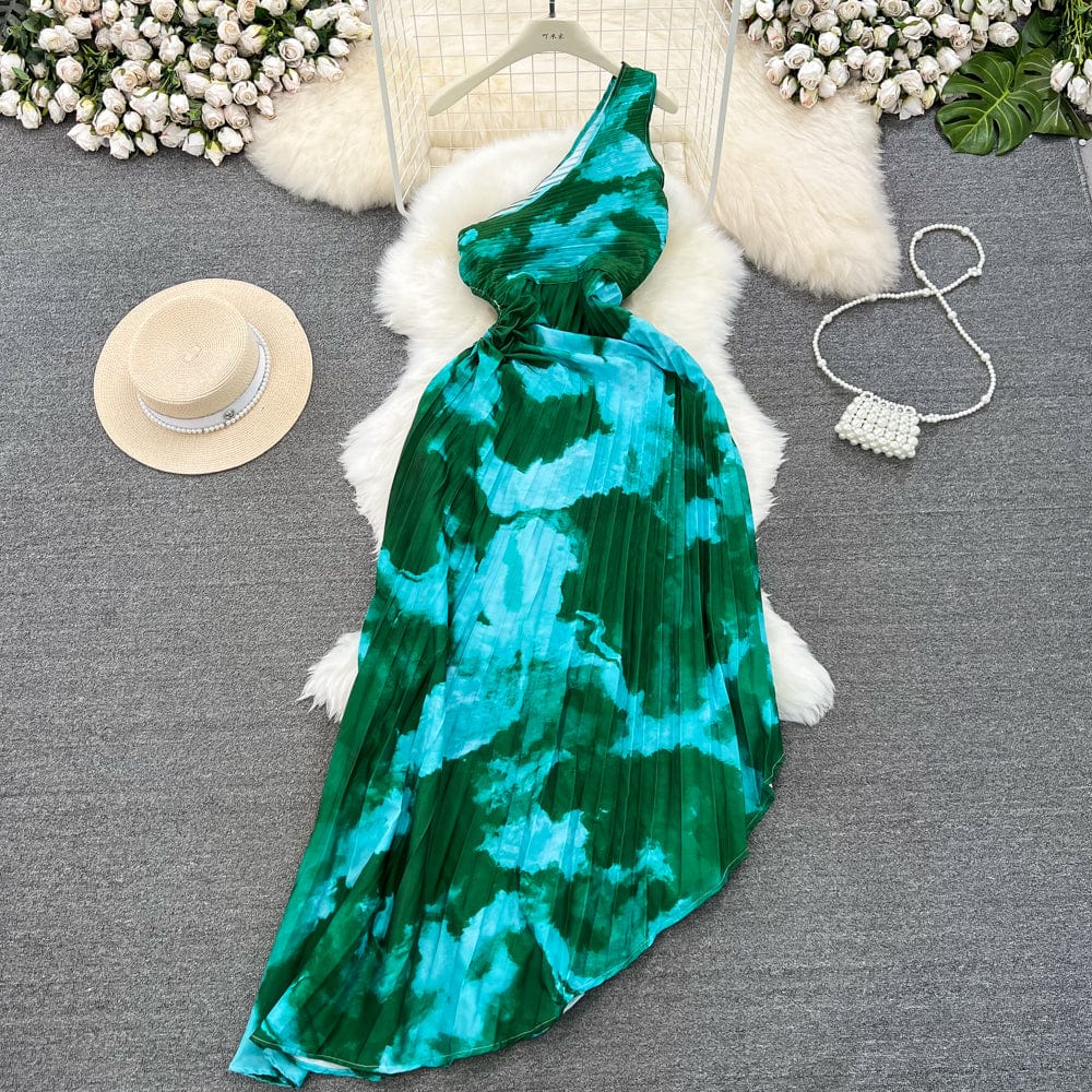 New Summer Sleeveless Pleated Slant Neck Strapless a-line Irregular Printed Dresses