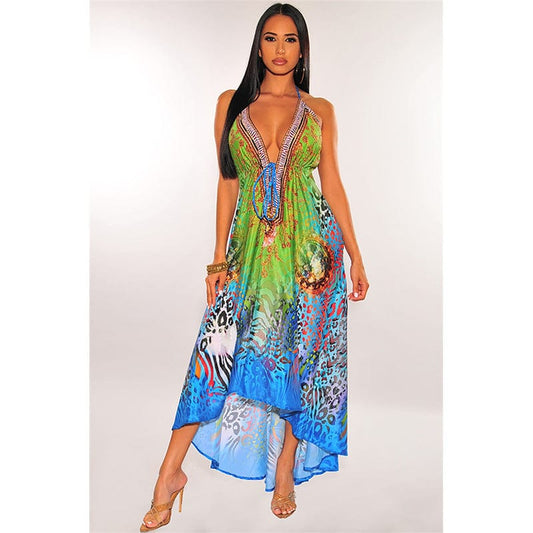 New summer sleeveless v-neck backless large swing skirt print bling women casual dress