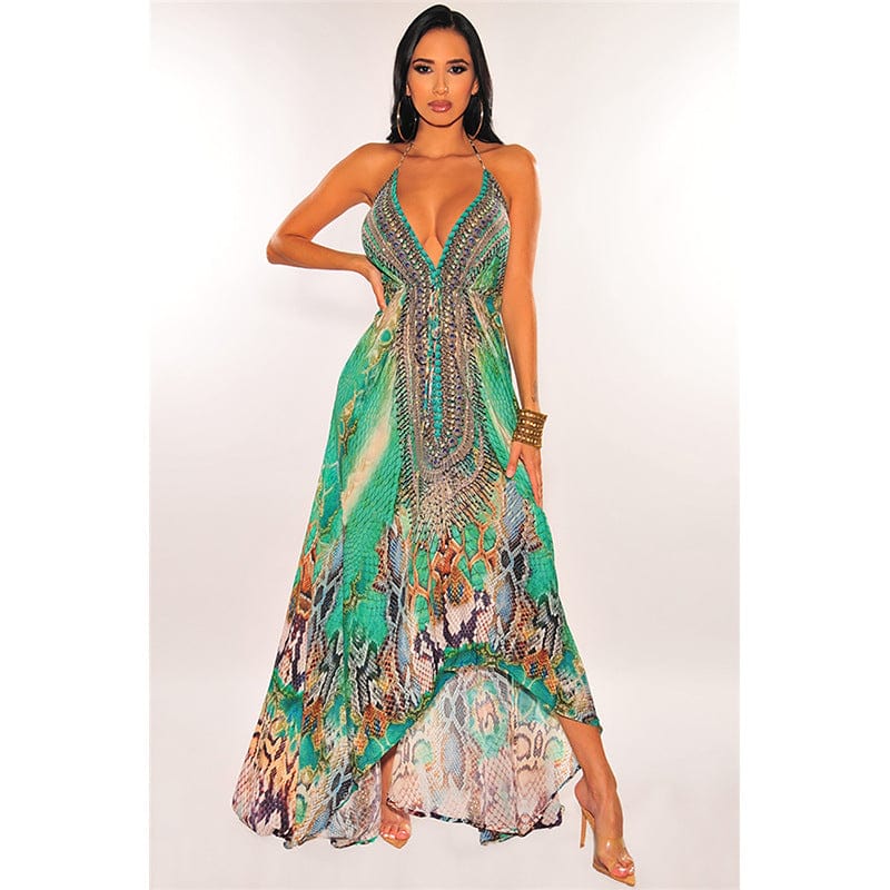 New summer sleeveless v-neck backless large swing skirt print bling women casual dress