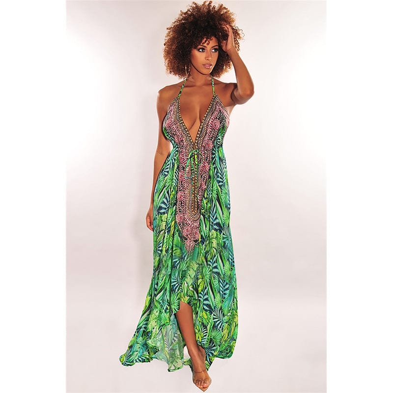 New summer sleeveless v-neck backless large swing skirt print bling women casual dress