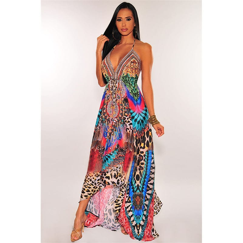 New summer sleeveless v-neck backless large swing skirt print bling women casual dress