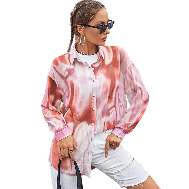 New Summer Women's Top Lapel Tie Dye Print Shirt Single Breasted Long Sleeve Loose Ladies Blouse