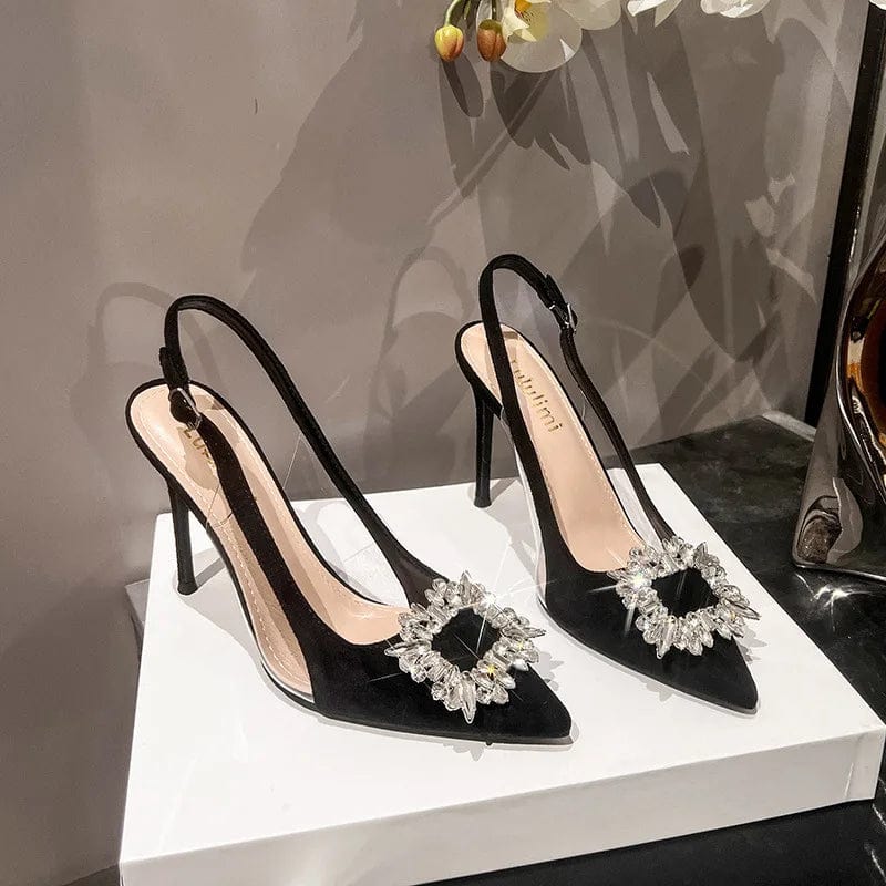 New Summer Women Sandals Thin Heels Suede Square Buckle Rhinestone High Heels Ladies Heels Shoes