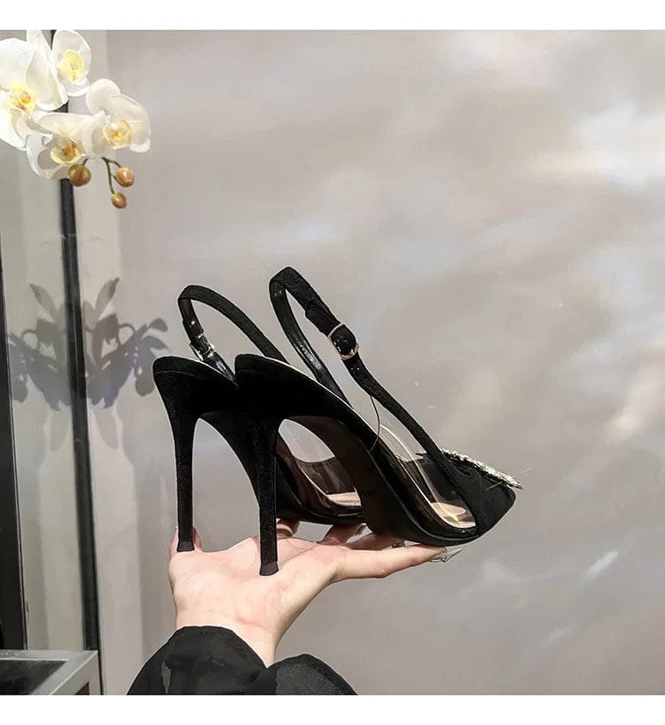 New Summer Women Sandals Thin Heels Suede Square Buckle Rhinestone High Heels Ladies Heels Shoes