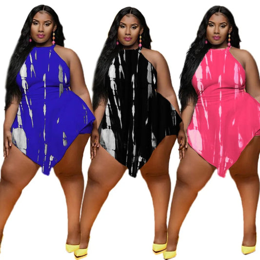 New Summer Zipper Tie Dye Sleeveless Bodysuit High Waist Oversized Rompers Women Clothing Short Plus Size One Piece Jumpsuit