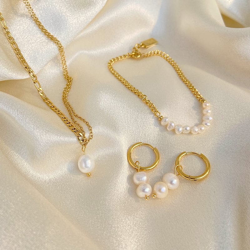 New titanium steel gold-plated Figaro chain pearl pendant necklace earrings chain splicing bracelet stainless steel jewelry set