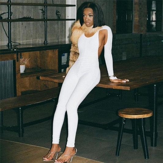 New Trend Deep O Neck Solid Color Rib Fabric Long Sleeve Jumpsuits Women Bodysuit Sexy Jumpsuit