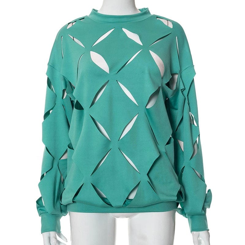 New Trending Fashion Women Sexy Pullover Sweatshirt Tops Loose Hollow Cut Out O-Neck Long Sleeve T-Shirt