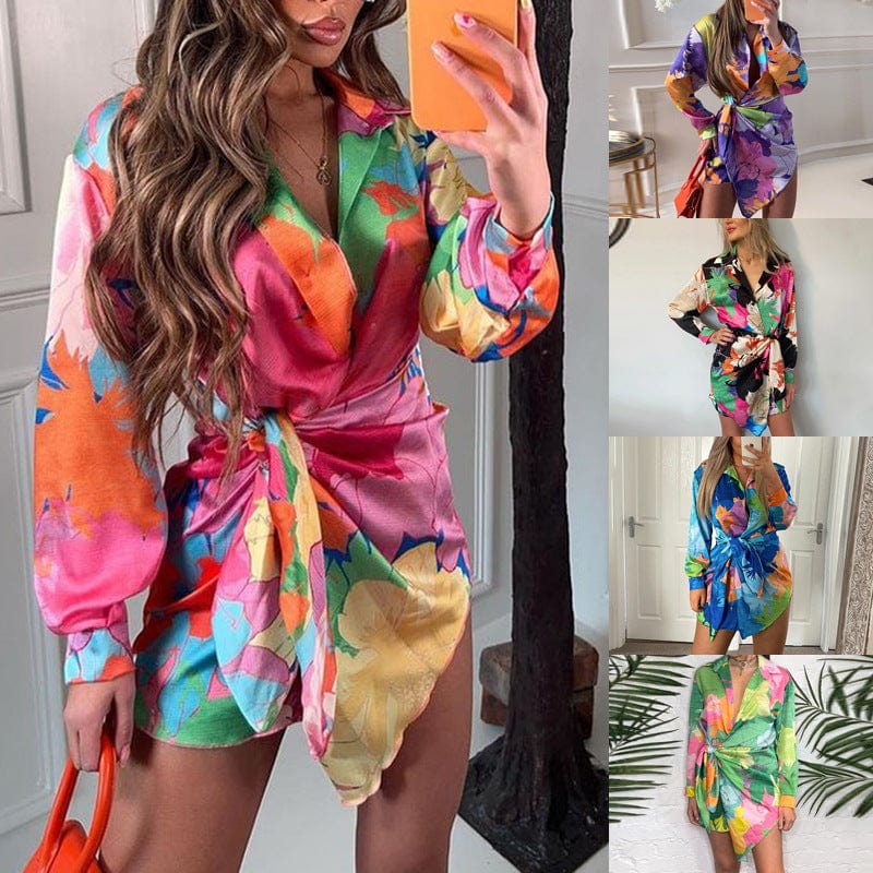 New Trendy 2023 Floral Printed Tie Up Casual Dresses Lace Up Casual Single Breasted Blouse Shirt