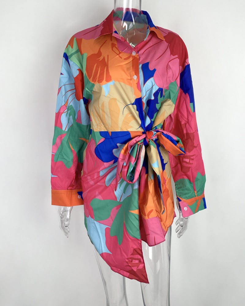 New Trendy 2023 Floral Printed Tie Up Casual Dresses Lace Up Casual Single Breasted Blouse Shirt
