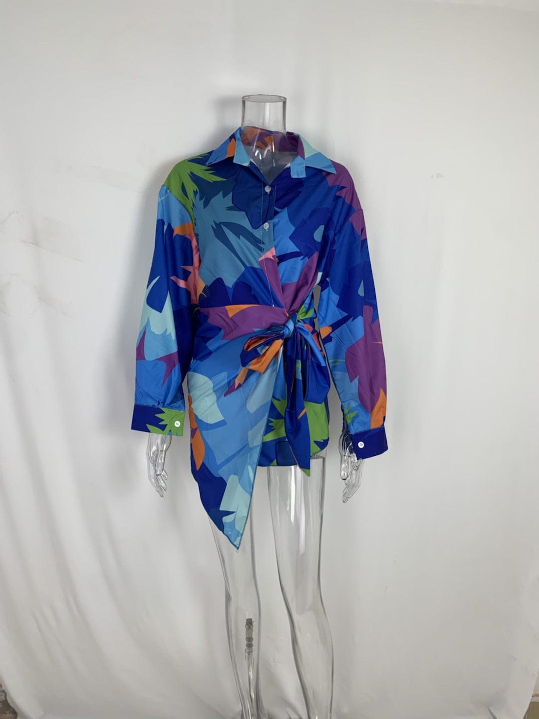 New Trendy 2023 Floral Printed Tie Up Casual Dresses Lace Up Casual Single Breasted Blouse Shirt