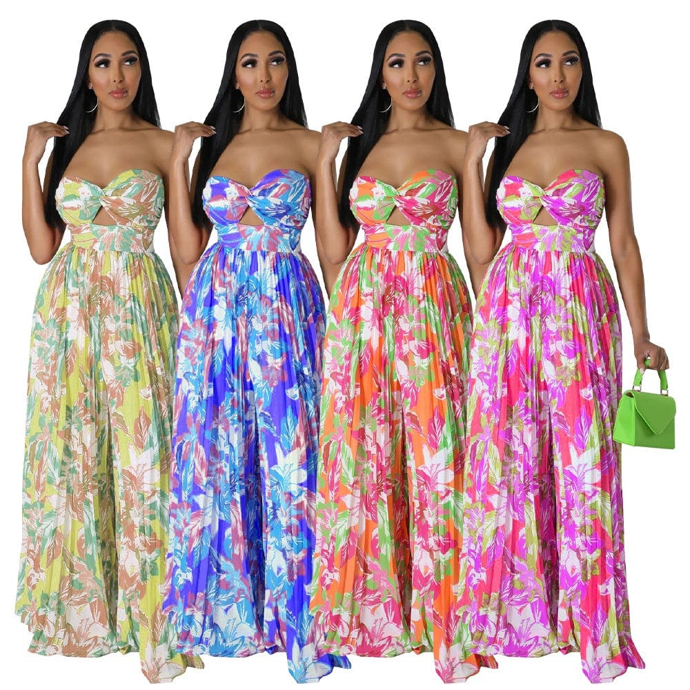 New trendy casual sexy sleeveless tube top wide leg jumpsuit crinkle floral print lady elegant jumpsuit for women