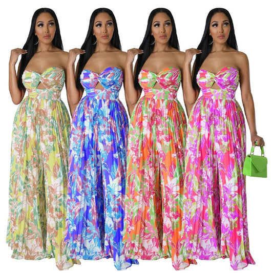 New trendy casual sexy sleeveless tube top wide leg jumpsuit crinkle floral print lady elegant jumpsuit for women
