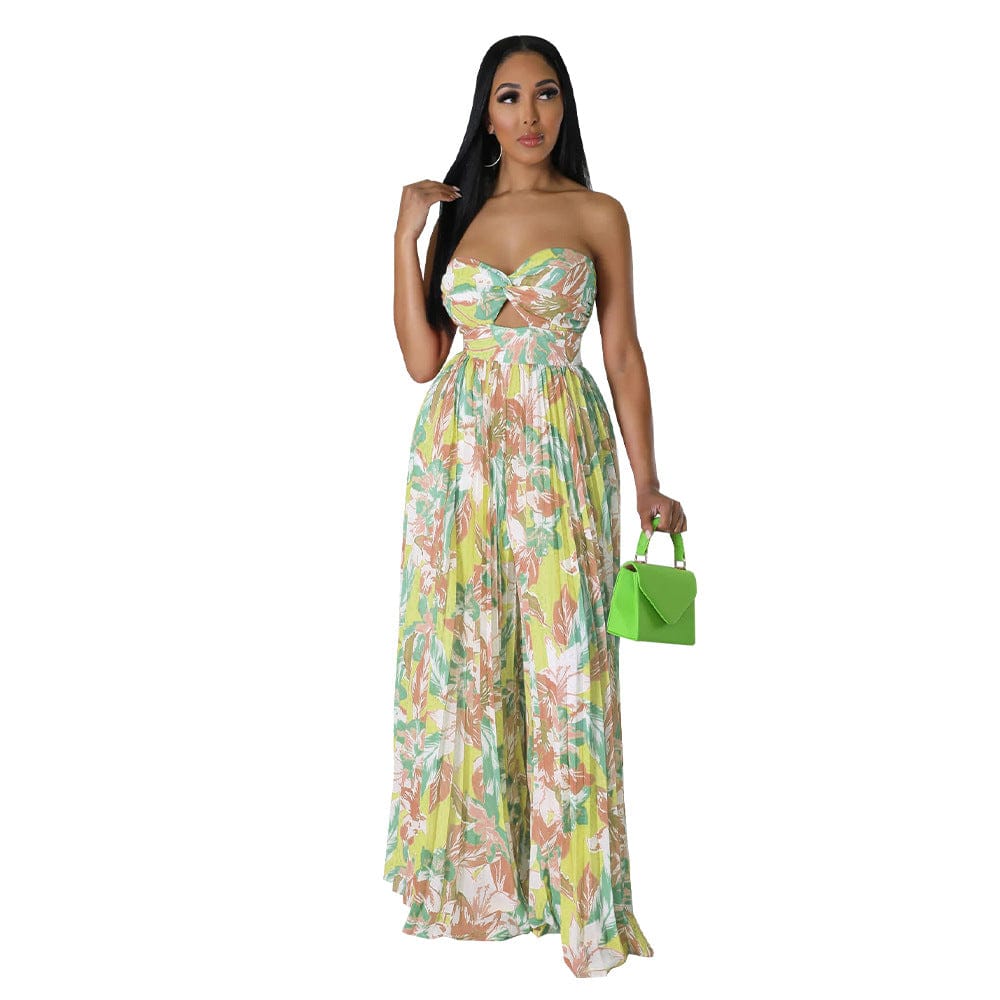 New trendy casual sexy sleeveless tube top wide leg jumpsuit crinkle floral print lady elegant jumpsuit for women