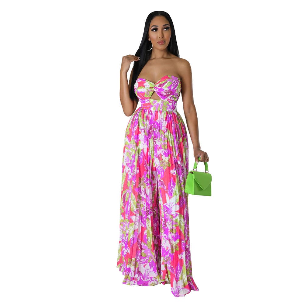 New trendy casual sexy sleeveless tube top wide leg jumpsuit crinkle floral print lady elegant jumpsuit for women