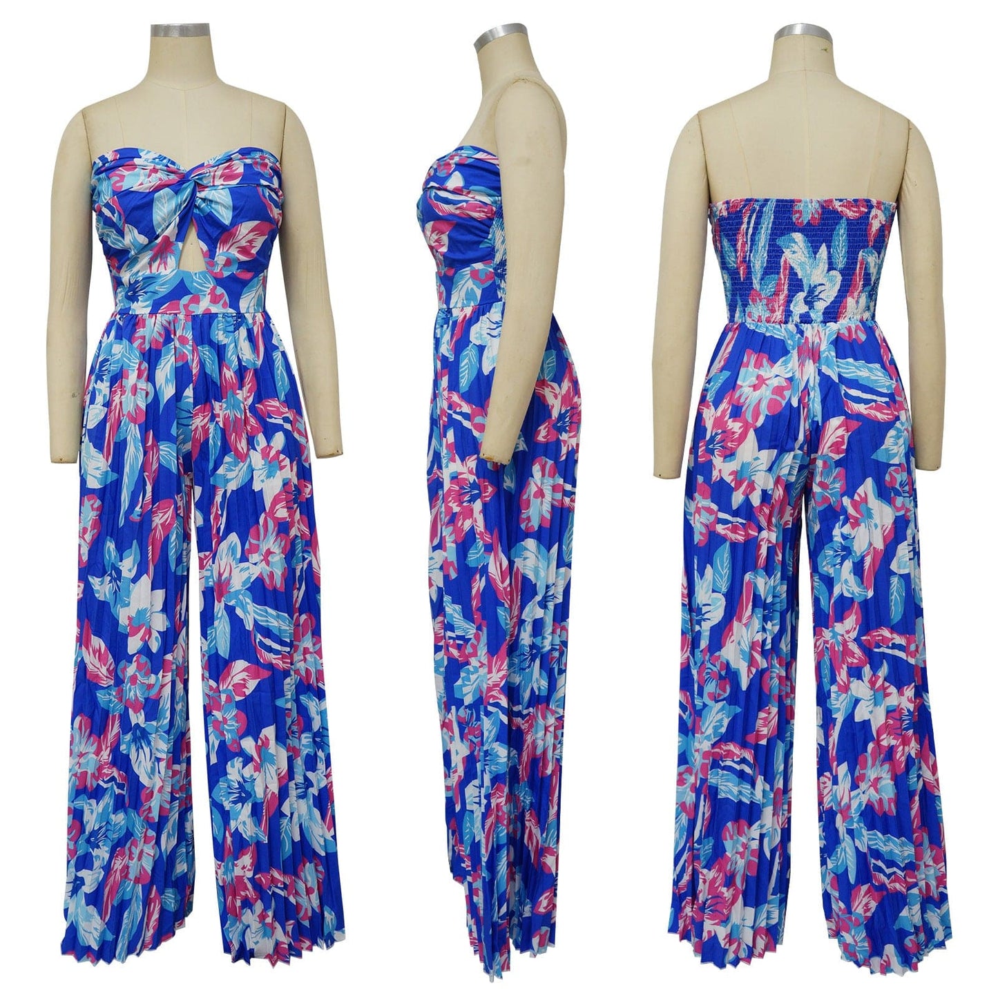 New trendy casual sexy sleeveless tube top wide leg jumpsuit crinkle floral print lady elegant jumpsuit for women