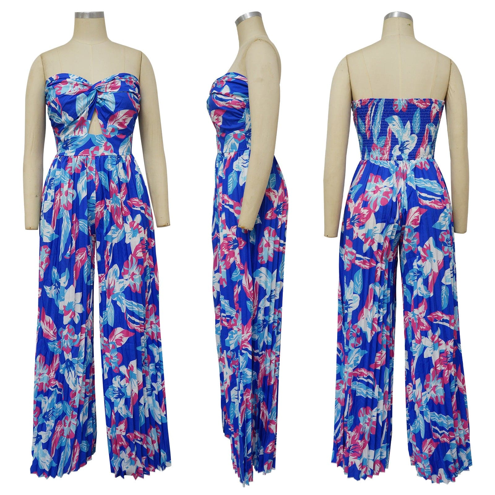 New trendy casual sexy sleeveless tube top wide leg jumpsuit crinkle floral print lady elegant jumpsuit for women