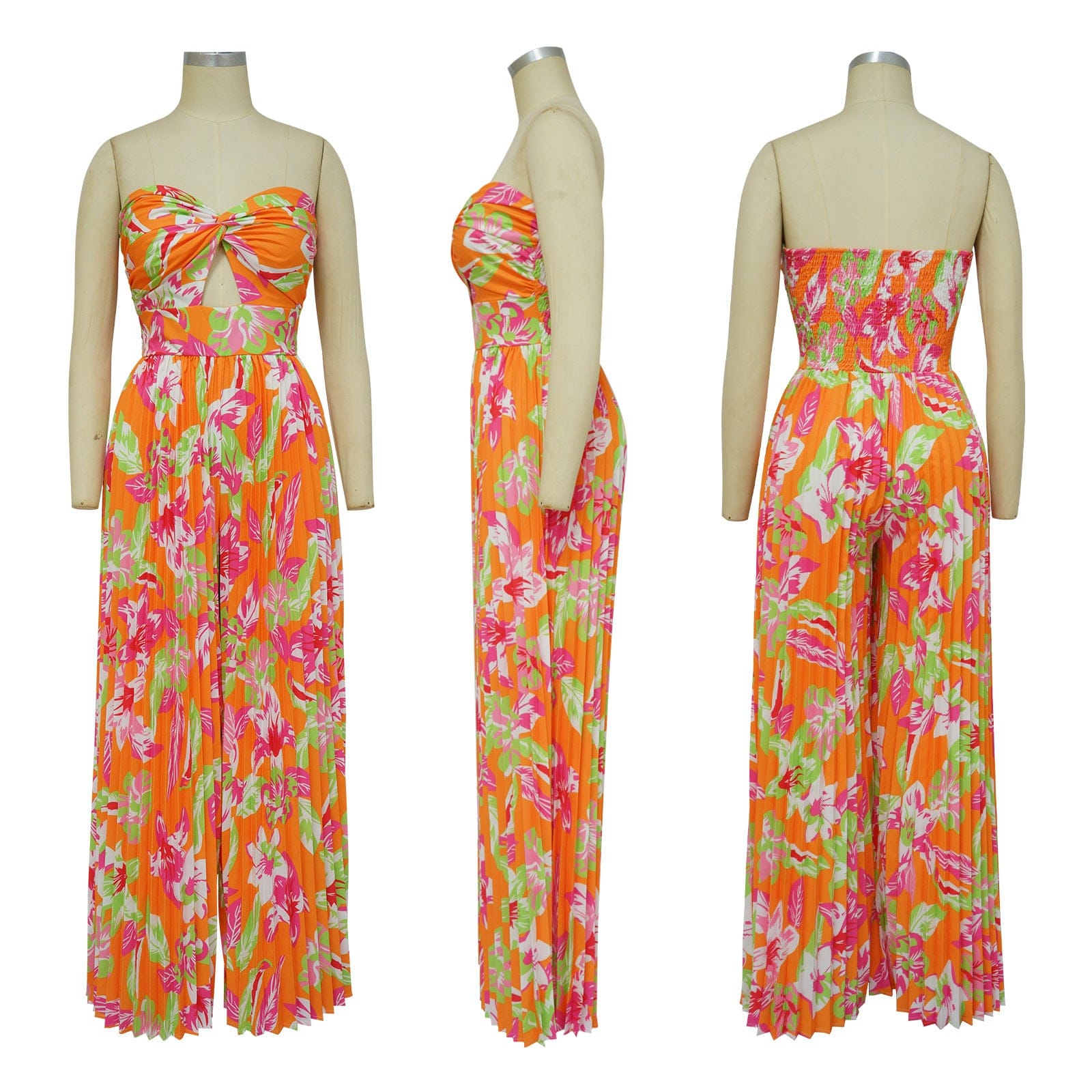 New trendy casual sexy sleeveless tube top wide leg jumpsuit crinkle floral print lady elegant jumpsuit for women